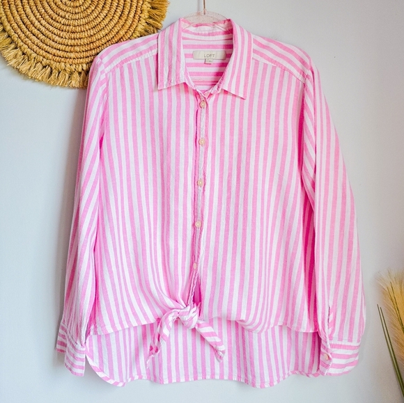LOFT, Pink Striped Linen Blend Button Down Tie Front Everyday Shirt SZ Large - Picture 2 of 14